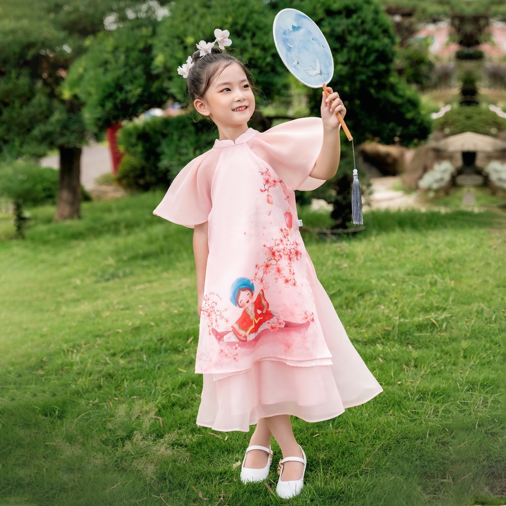Set áo dài cách tân Đào Nhi bé gái vải tơ ánh hoạ tiết hoa đào AG002