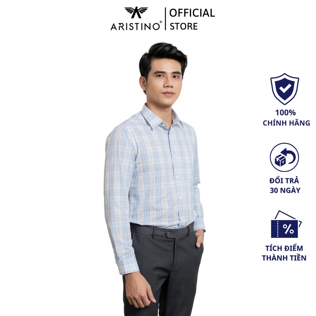 Áo sơ mi dài tay nam Aristino phom Regular Fit suông nhẹ, thiết kế hiệu ứng kẻ caro xanh xám lịch lãm - ALS12301