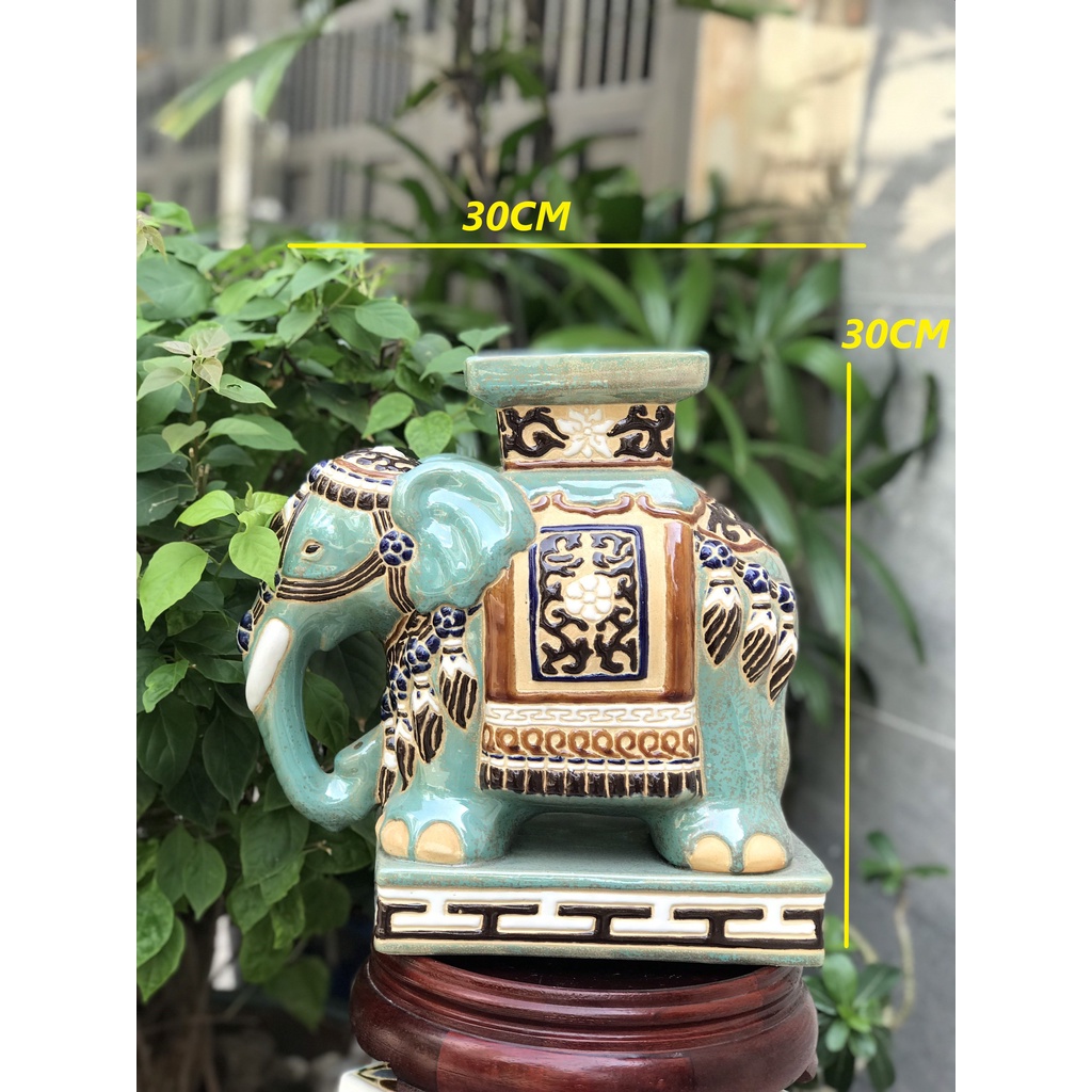 ĐÔN VOI GỐM SỨ TRANG TRÍ DECOR 30CM MEN XANH ĐỒNG TRỔ