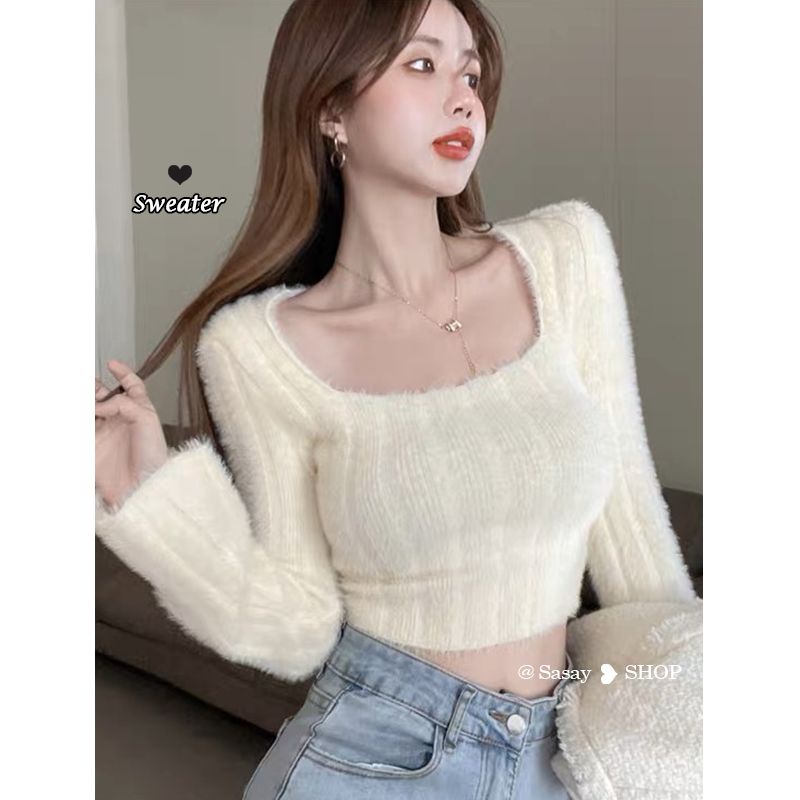 QADCOL Áo sweater Lông Chồn Cổ Vuông Thấp Mềm Mại Dày Dặn Thời Trang Thu Đông Cho Nữ