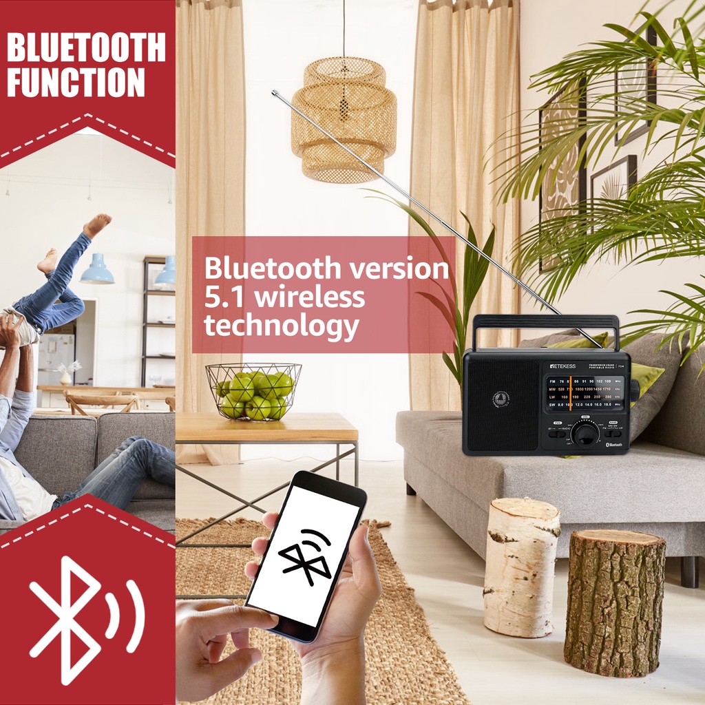 Bộ Radio Băng Tần Ngắn Retekess TR626 AM FM LW Có Bluetooth Sử Dụng Pin AC hoặc D Màu Đen Dành Cho Gia Đình