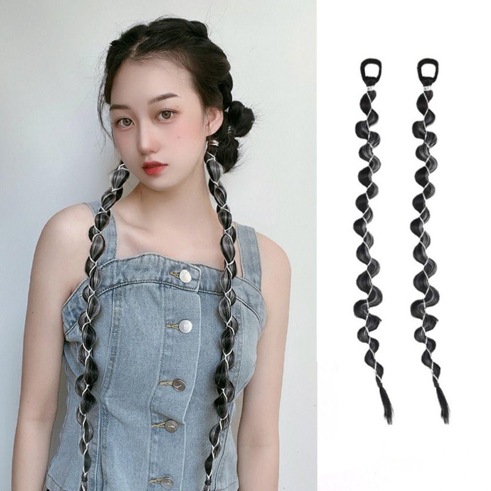 QQMALL Dây Buộc Tóc Đuôi Ngựa Giả Dạng Xoắn Kháng Nhiệt Màu Xám Đen Thời Trang Cho Nữ