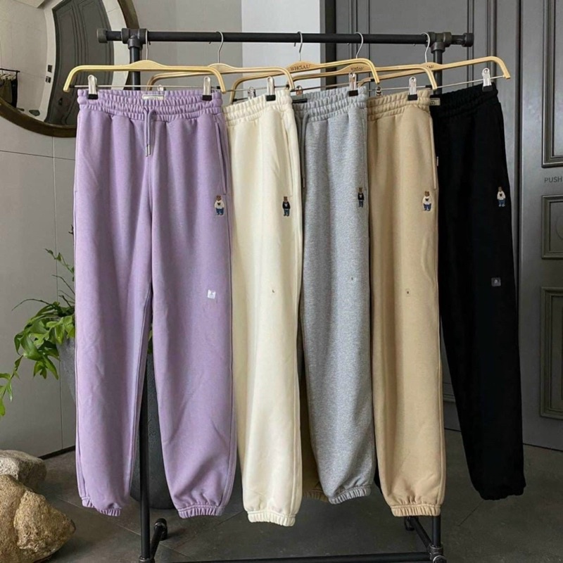 Quần nỉ jogger bo gấu in hình gấu, form lưng cao, lưng thun kèm dây rút nhiều màu ( có ảnh cận chất vải)