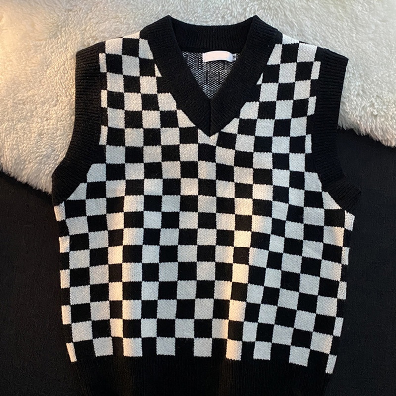 Áo Len Không Tay Cổ Chữ v Màu Sắc Tương Phản Thời Trang Mùa Thu Phong Cách Hàn Quốc