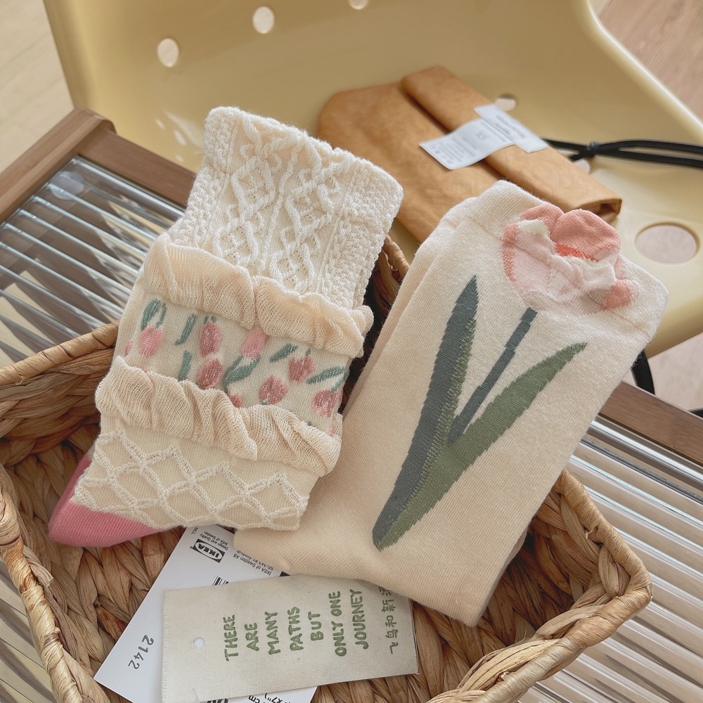 Vớ Dài Trung Bình Họa Tiết Hoa Tulip Mori Thu Đông Mới Cho Nữ ruiyan HB