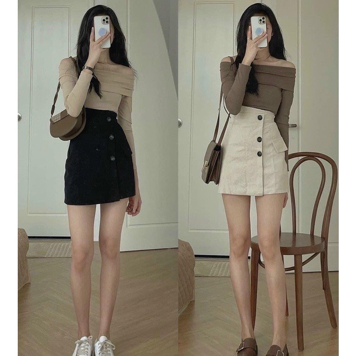 Quần váy A Chất Nhung Tăm cạp cao phối 3 cúc