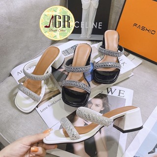 Gót 2 quai đính đá cao cấp da bóng gót vuông 3 cm