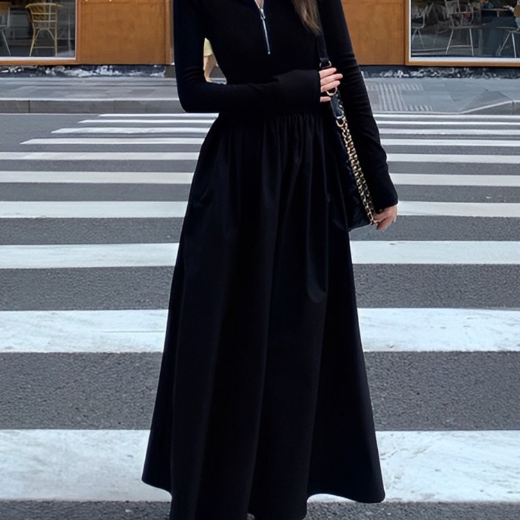 Đầm Đen Tay Dài Cổ Bẻ Có Khóa Kéo Phong Cách Pháp Thời Trang Mùa Thu Cho Nữ