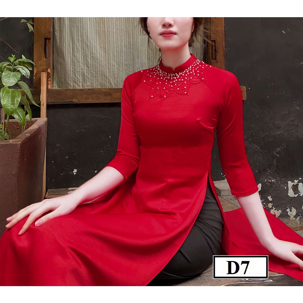 Áo dài Đỏ Ngọc Liên D7 A đính đá thêu tay thủ công thời trang nữ thiết kế Cao Cấp BUTINO SHOP