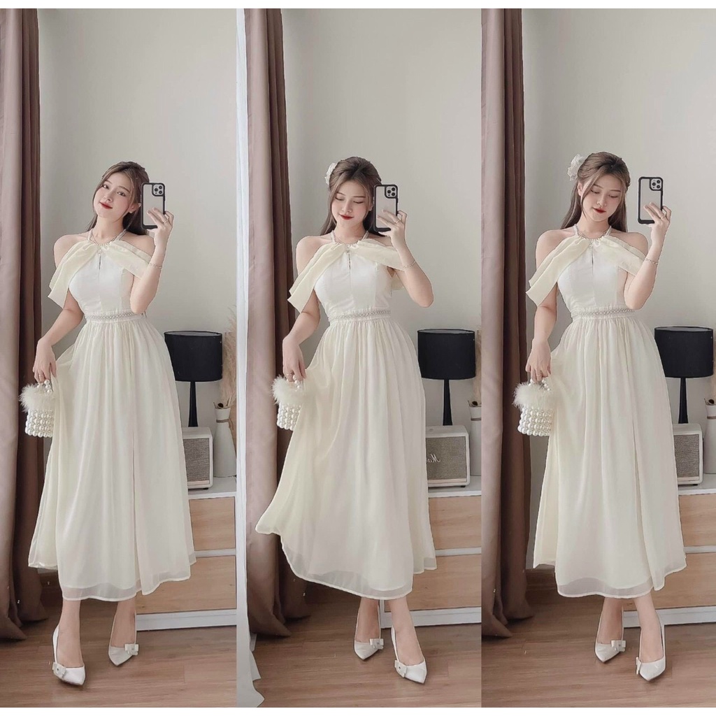 Đầm Váy Nữ Maxi Chất Vải Voan Chingfon Phối Dây Cườm Cổ Rớt Vai Thiết Kế Sang Chảnh Đi Làm Công Sở, Dạ Hội Và Du Lịch