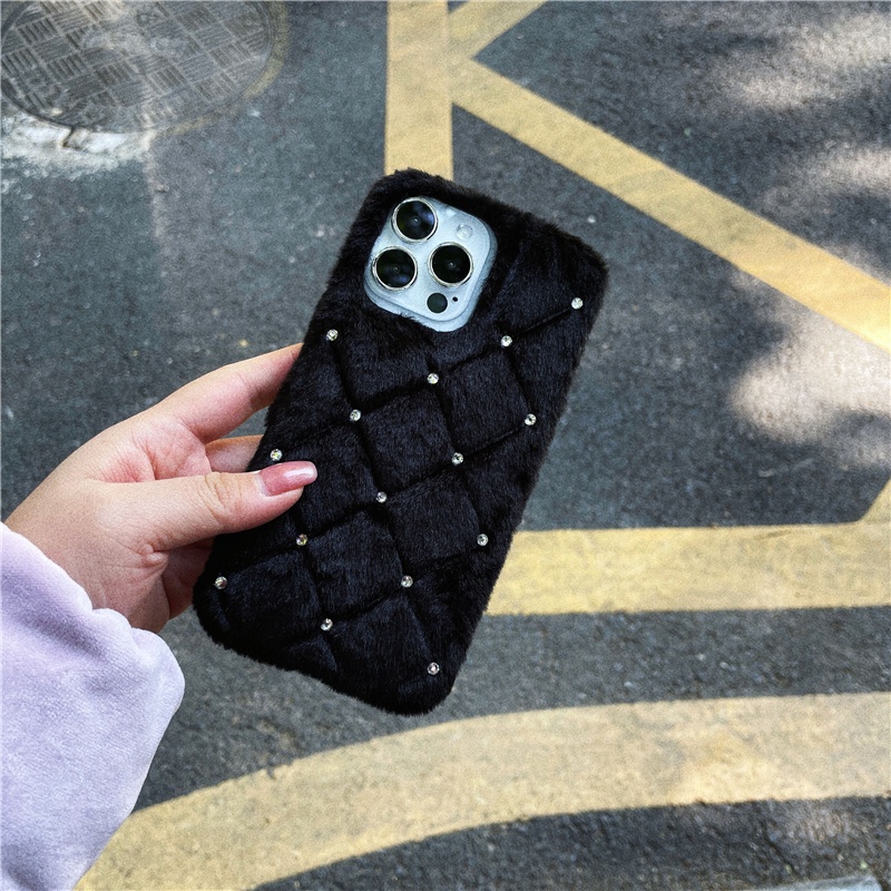 Ốp Điện Thoại Silicon Phối Lông Đính Kim Cương Lấp Lánh Cho iPhone 15 14 Pro Max iPhone 12 Pro 13 11