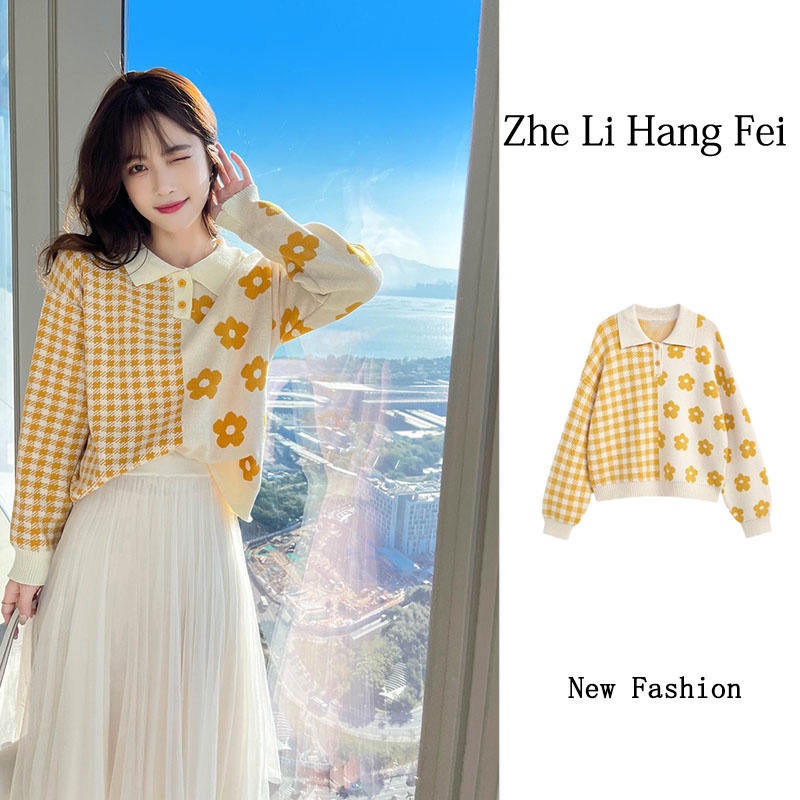 Áo sweater ZHELIHANGFEI tay dài cổ polo họa tiết hoa thời trang sang trọng cho nữ tùy chọn màu sắc