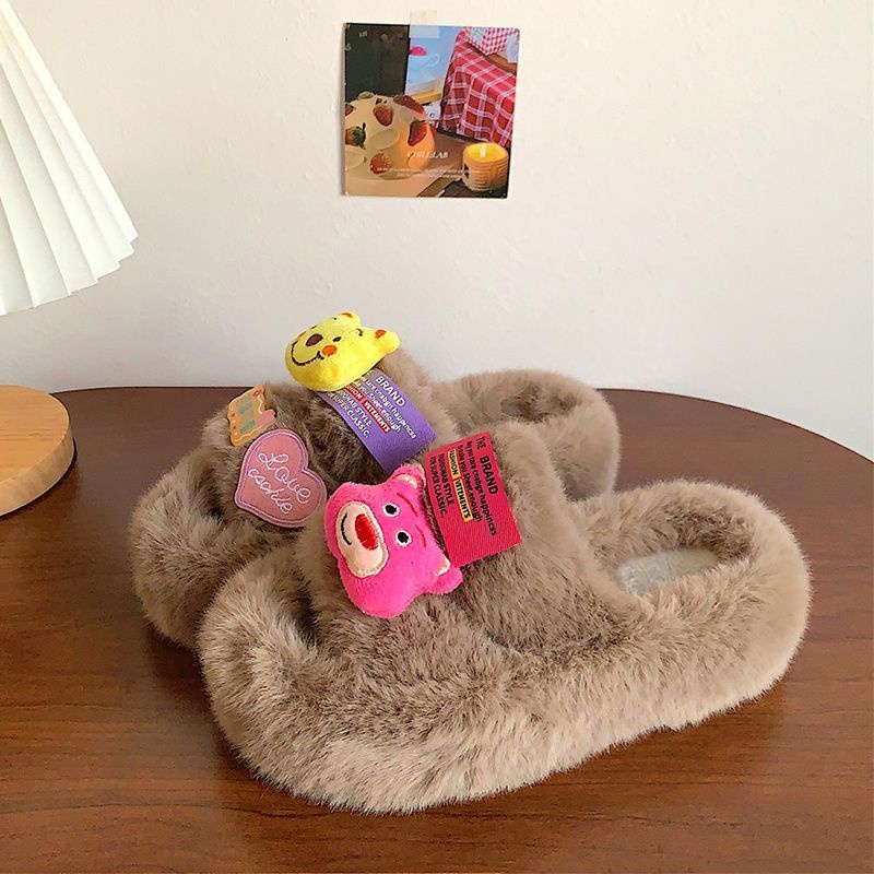 Dép lê cotton gấu dâu đế dày mùa thu đông cho nữ