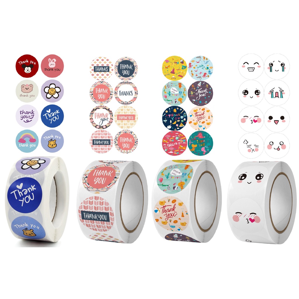 Cuộn 500 sticker thank you, nhãn dãn cảm ơn, tem thank you tròn họa tiết cute đáng yêu nhiều mẫu