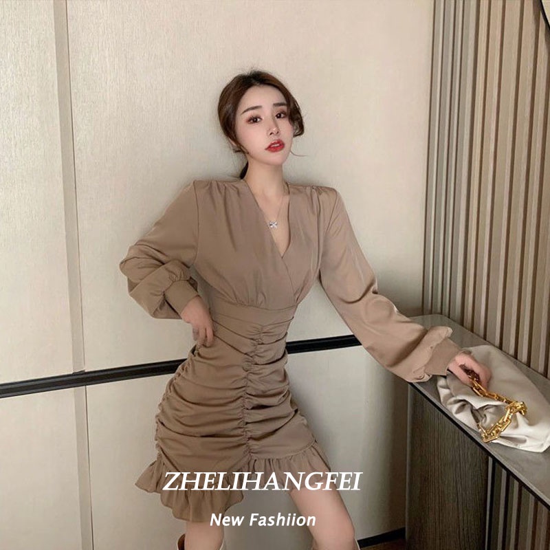 ZHELIHANGFEI Đầm Tay Dài Xếp Li Phong Cách Hàn Quốc Hợp Thời Trang Quyến Rũ Cho Nữ