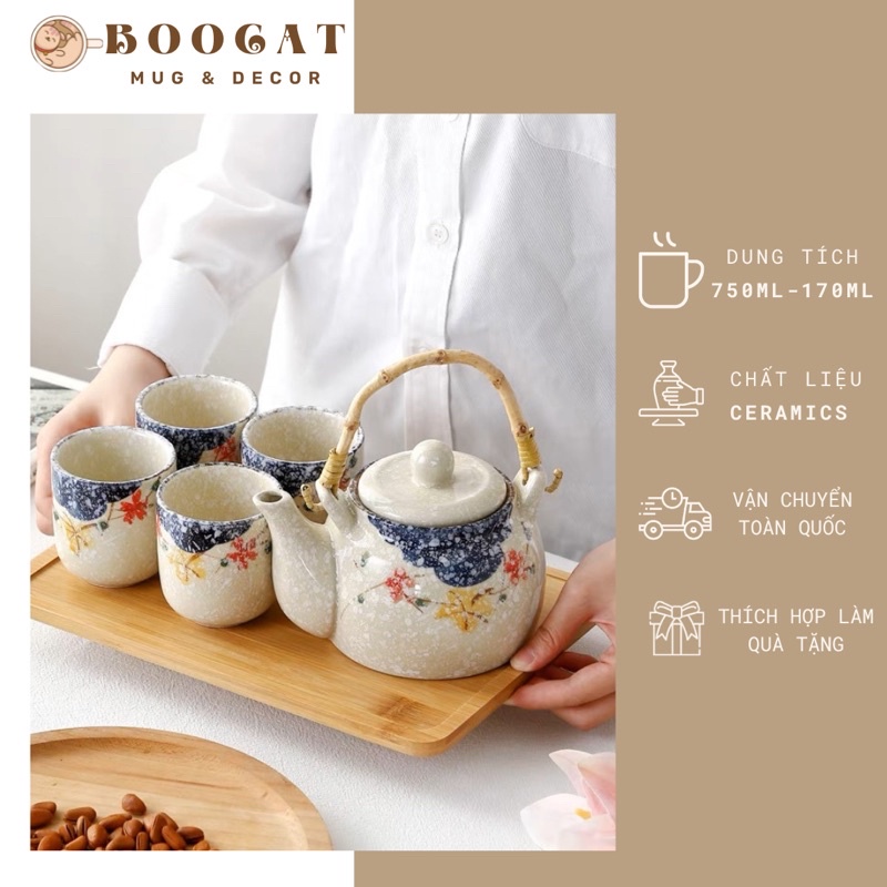 Bộ ấm chén bình trà gốm sứ họa tiết hoa Thu Tuyết tươi tắn trang nhã - Quà tặng tân gia, quà cưới sinh nhật