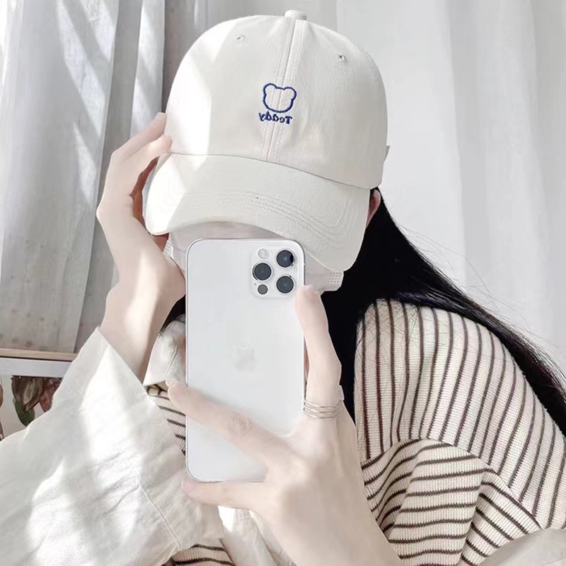 Mũ Lưỡi Trai Vải Cotton Mềm Thoáng Khí Màu Trơn Thêu Hình Gấu Kiểu Vintage