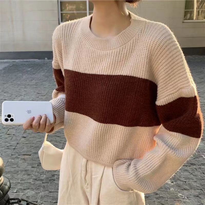 Áo Sweater Dệt Kim Dáng Rộng Ngắn Kẻ Sọc Màu Sắc Tương Phản Kiểu Vintage Nhật Bản