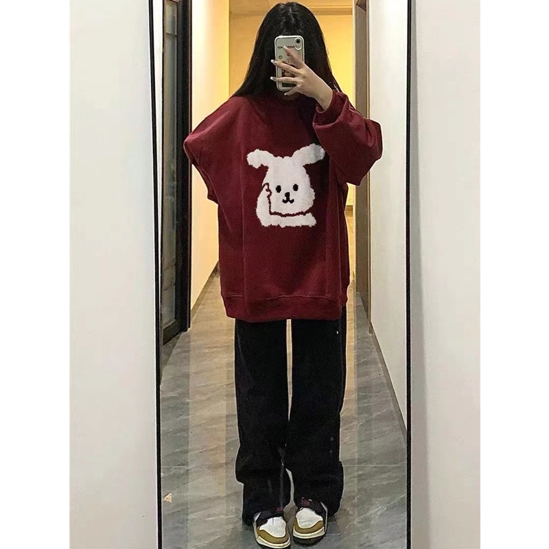 NRVP Áo Thun Nỉ Tay Dài In Hình Thỏ Năm Mới 2023 Phong Cách Hàn Quốc Thời Trang Mùa Đông Cho Nữ