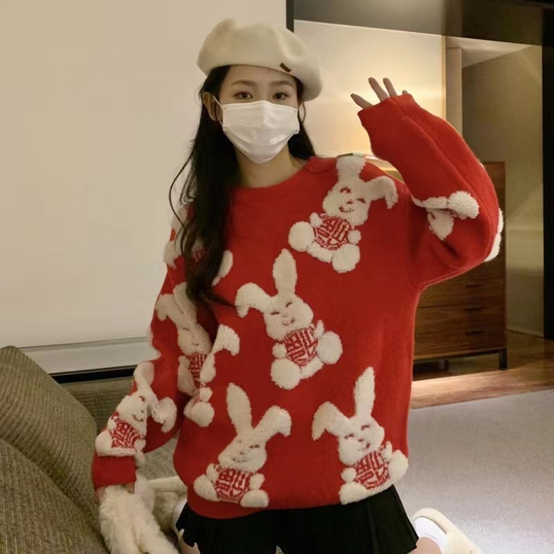 Áo Len Tay Dài Họa Tiết Thỏ Dễ Thương Cho Nữ