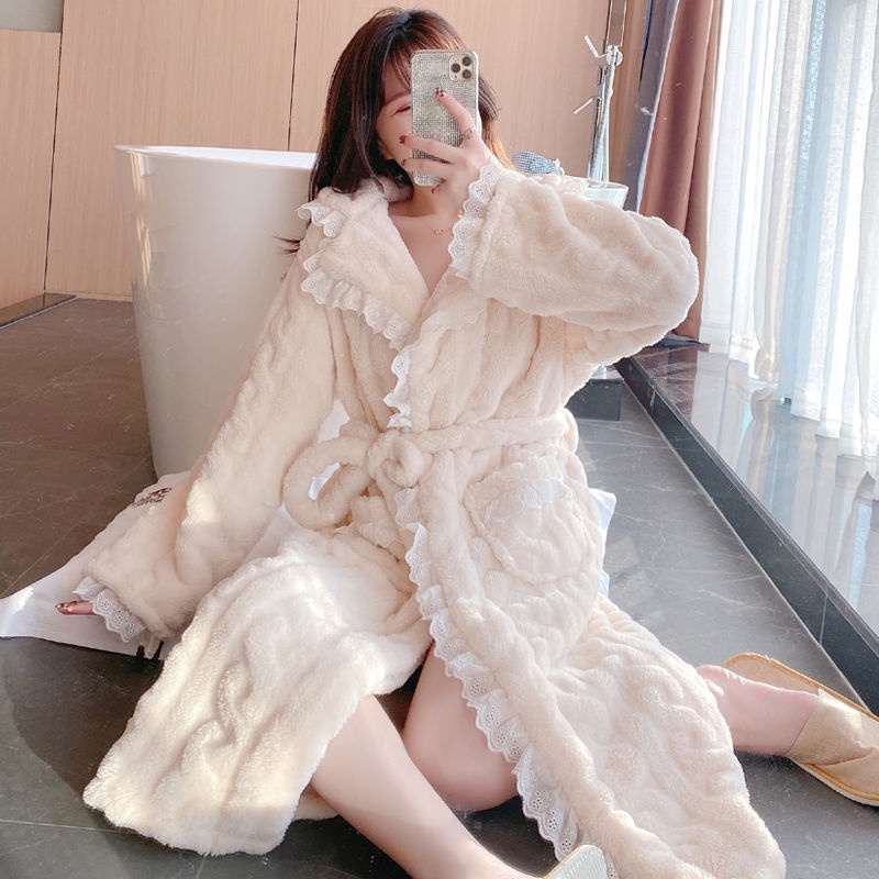 Áo Choàng Tắm Dài Qua Gối Bằng Lông Cừu San Hô Dày Dặn Thời Trang Thu Đông Cho Nữ