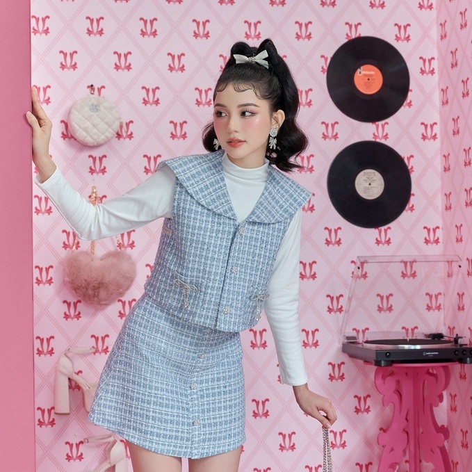Set Đồ Nữ Tweed Sang Trọng Tiểu Thư Áo Kiểu Gile Thủy Thủ & Chân Váy Chữ A Xanh & Hồng Đi Chơi - Jane Top & Jane Skirt
