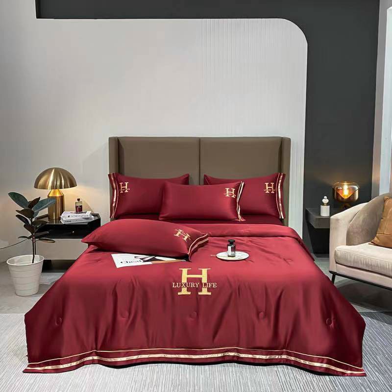 Sét 5 món chăn ga phi lụa chữ H, Bộ chăn ga gối chất phi lụa cao cấp mềm mịn bền đẹp