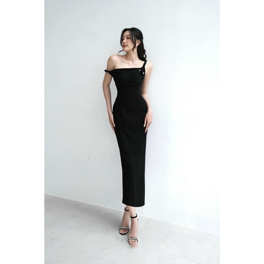 Váy đầm dáng dài xẻ tà dây xoắn rớt vai quý phái sang trọng thích hợp đi tiệc 2 màu đen và trắng