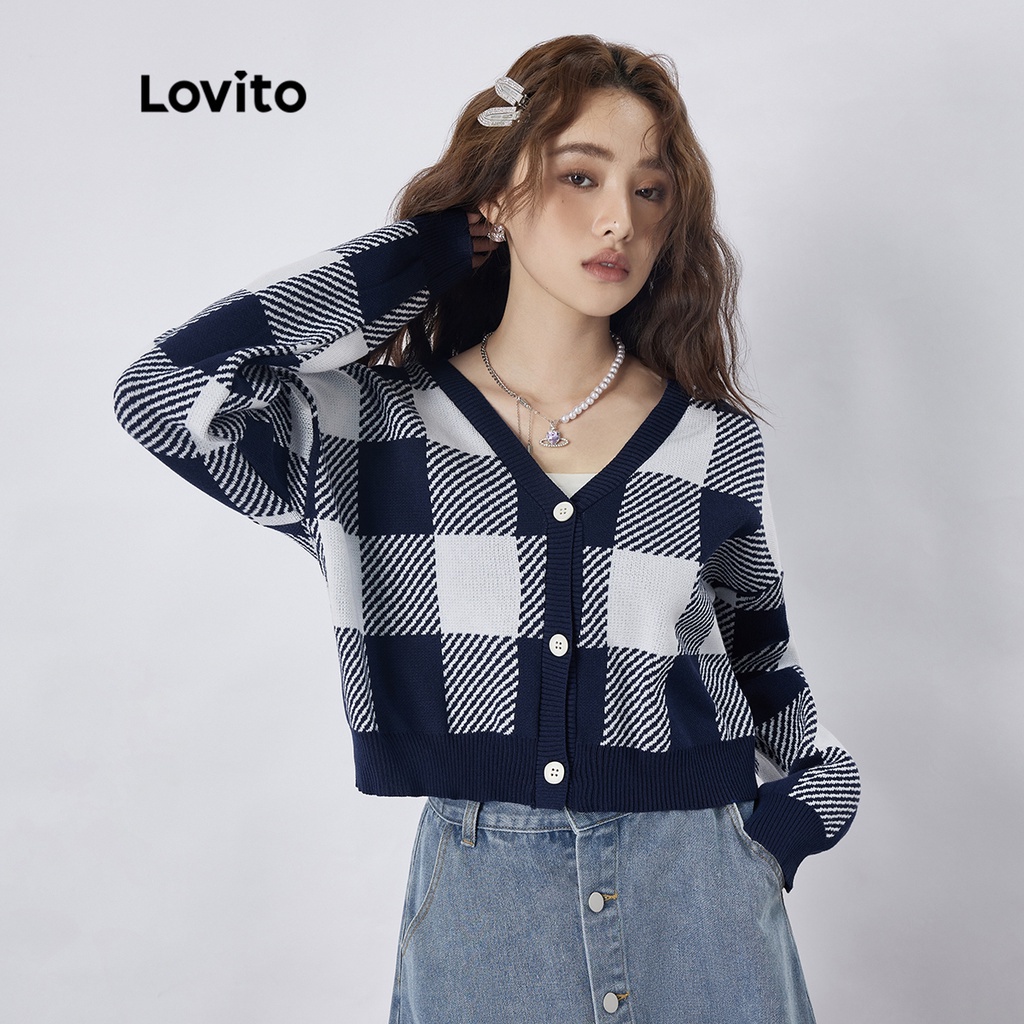 Áo len cardigan Lovito họa tiết caro phong cách học đường dành cho nữ L39AD084 (xanh dương đậm)