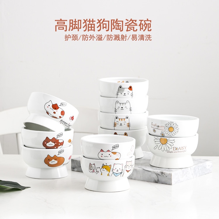 Dĩa ăn, chén bát bằng sứ xinh cho mèo - Vành rộng cao chống gù lưng mỏi cổ khi ăn