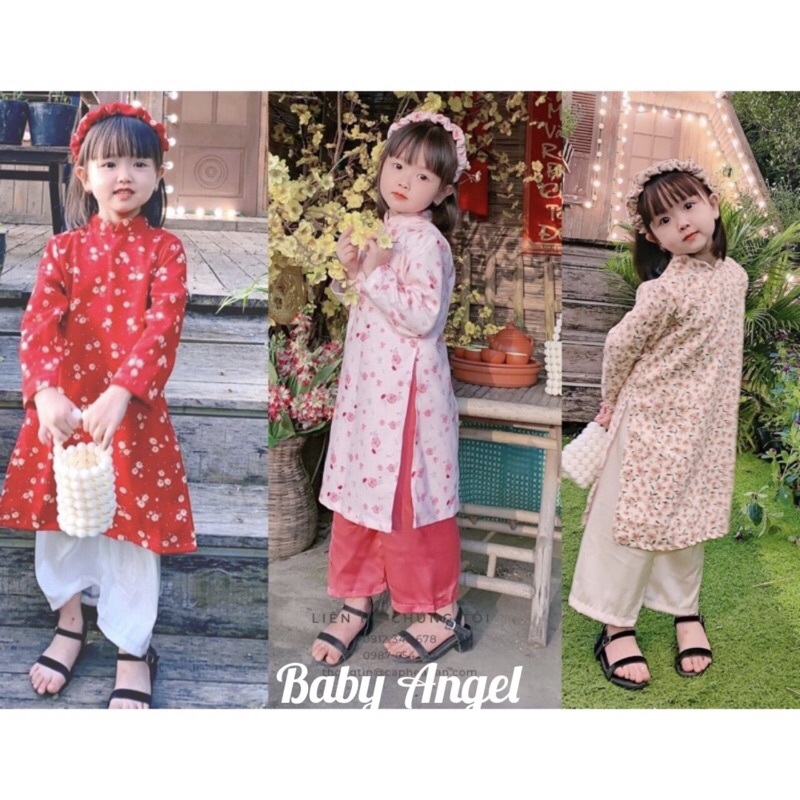 Áo dài bé gái,Áo dài hoa nhí cho bé gái-Hàng thiết kế set 3 chi tiết áo dài quần lụa,bờm mấn