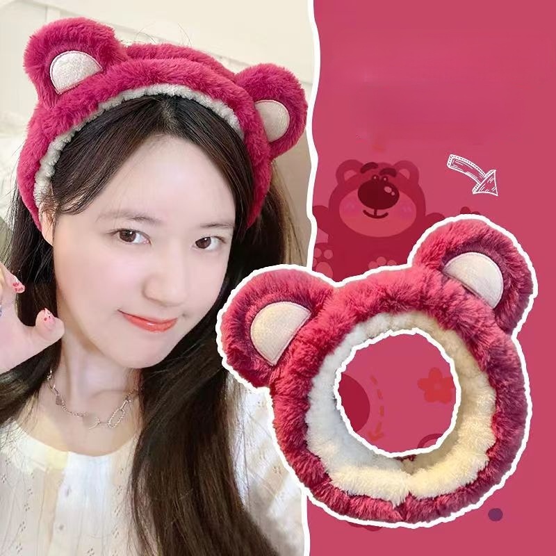 Băng Đô Cài Tóc Vải Lông Họa Tiết Gấu Dâu Tây Dễ Thương Thời Trang Thu Đông