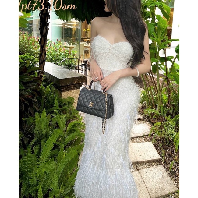 Đầm lông body dáng dài xẻ sau 2 dây cườm hở ngực sexy Đen Trắng Hồng Nude váy đi chơi dạo phố dự tiệc du lịch hotgirl tk
