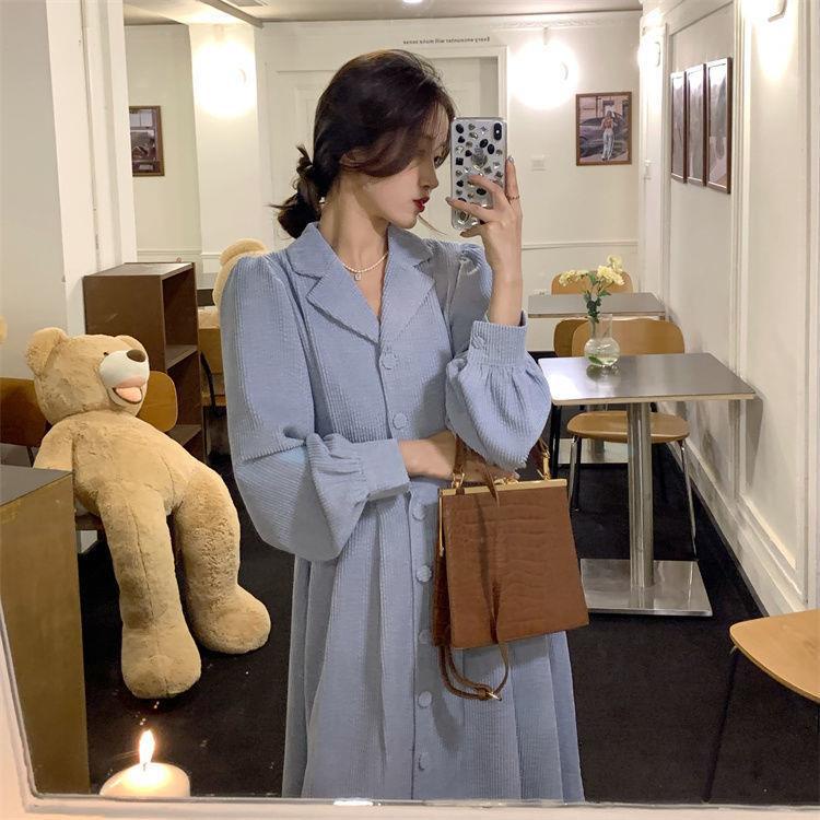 IELGY  Đầm Dài Vừa Rộng Cổ Vest Thiết Kế Kiểu Pháp Ngọt Ngào Có Thể Làm Ngọt Ngào Hoặc Muối Biển Cho Nữ