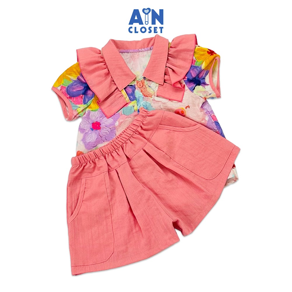 Bộ quần áo ngắn bé gái họa tiết hoa Dâng Bụt hồng cotton - AICDBGBJZ3IS - AIN Closet