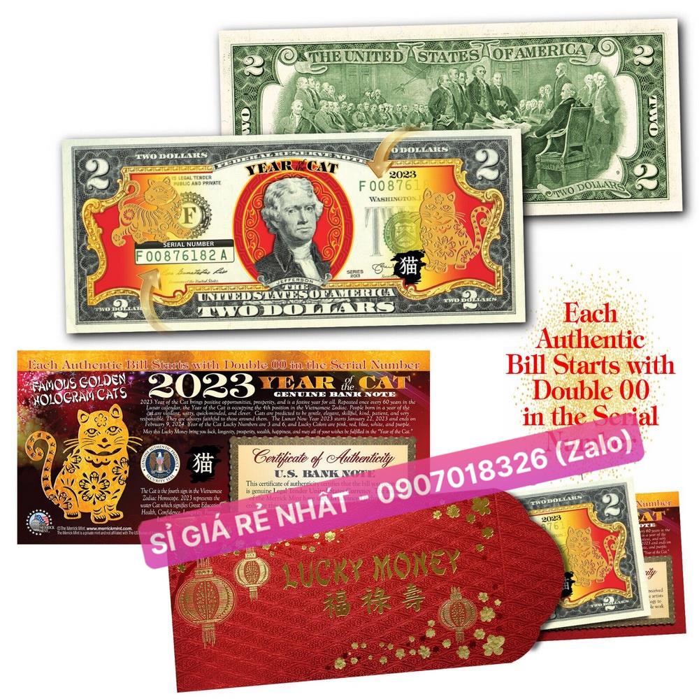 [VIP] [LOẠI MỸ đầu số 00] Tờ 2 Đô USD Hình Con Mèo Mạ Vàng 2023 , Lưu niệm , Lì Xì Tết May Mắn - CHUẨN HÀNG NHẬP MỸ