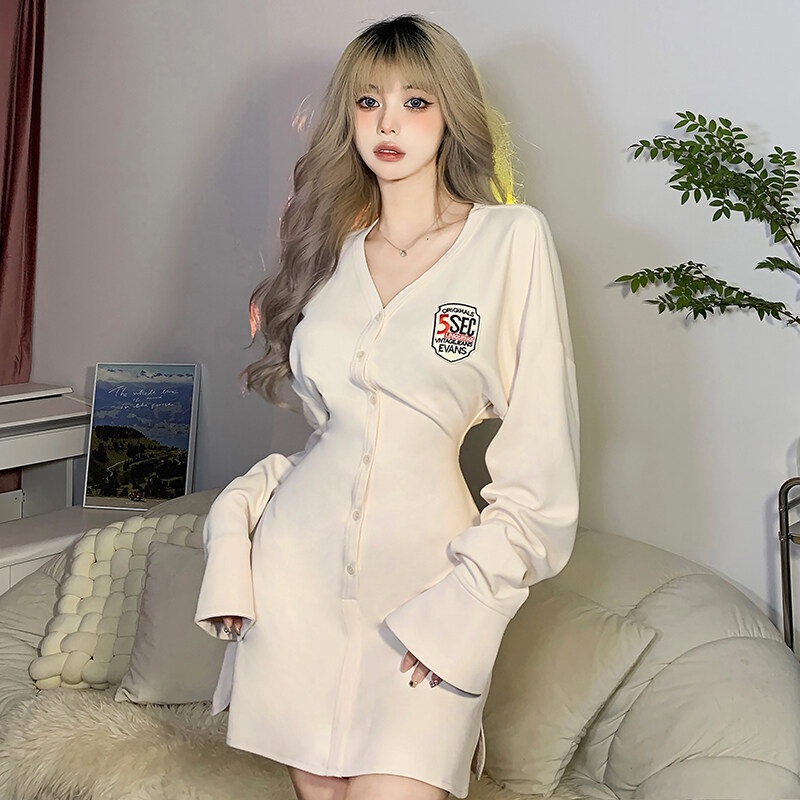 Weird Puss Đầm Chữ A Tay Dài Loe Cổ Chữ V Thời Trang Dành Cho Nữ