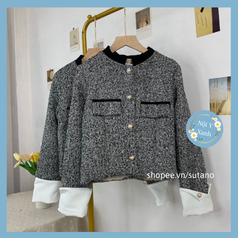 áo khoác dạ twee 2 lớp dáng croptop phối trắng tay cúc đồng vương quyền  A12 Nội Y Xanh hot trend thu đông ấm áp