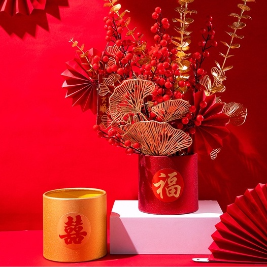 Hộp Cắm Hoa Hình Trụ Tròn Trang Trí Tết