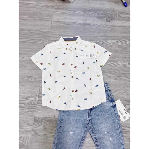 Áo somi trắng car động vật khủng long denim jean George_hàng chính hãng authentic