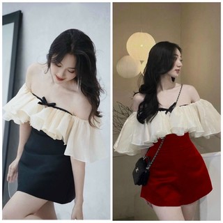 Đầm đỏ trễ vai phối voan bèo thắt nơ