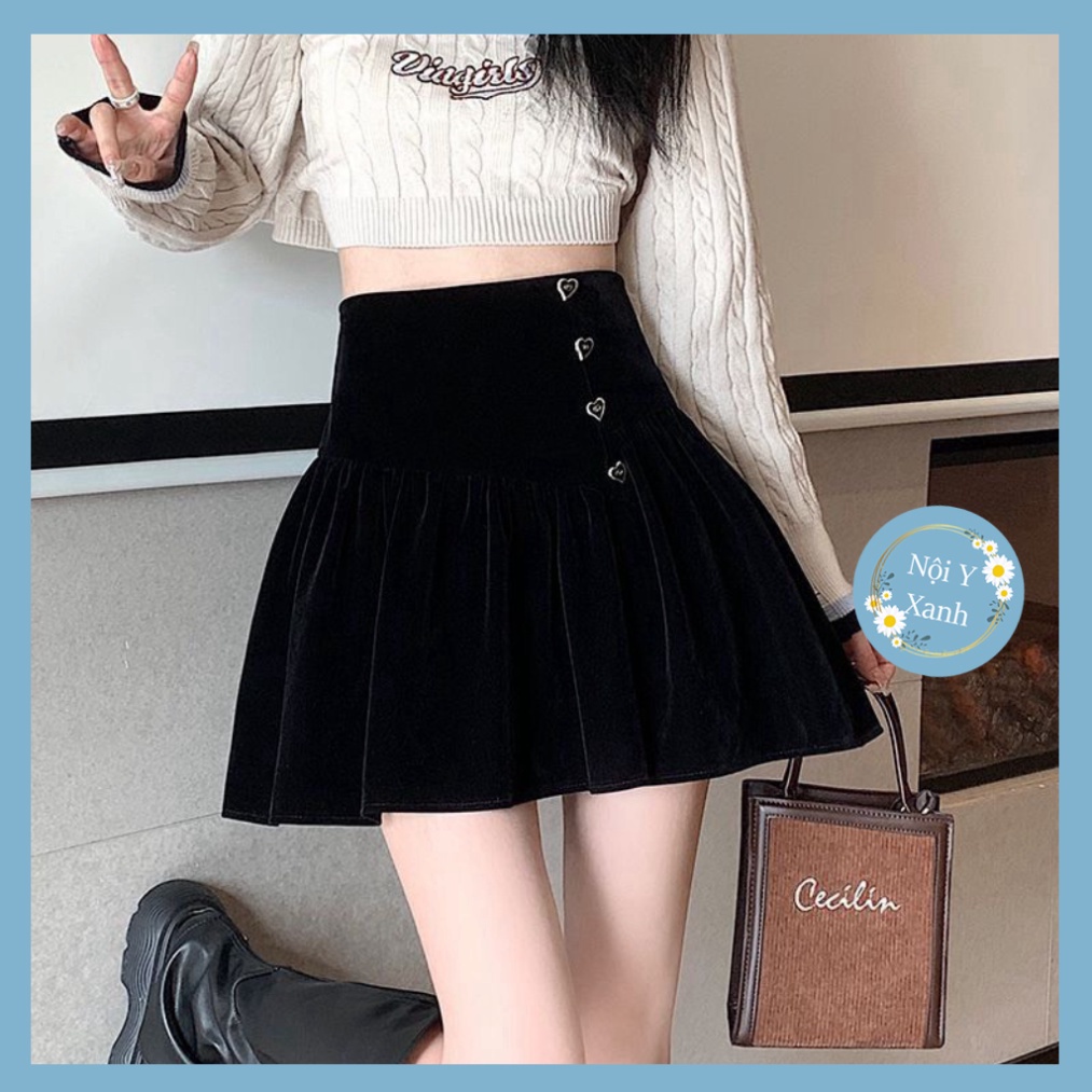 Chân váy nữ xòe nhung kèm theo khuy con tim hotrend xa hoa CV82 Nội Y Xanh hot trend thu đông ấm áp