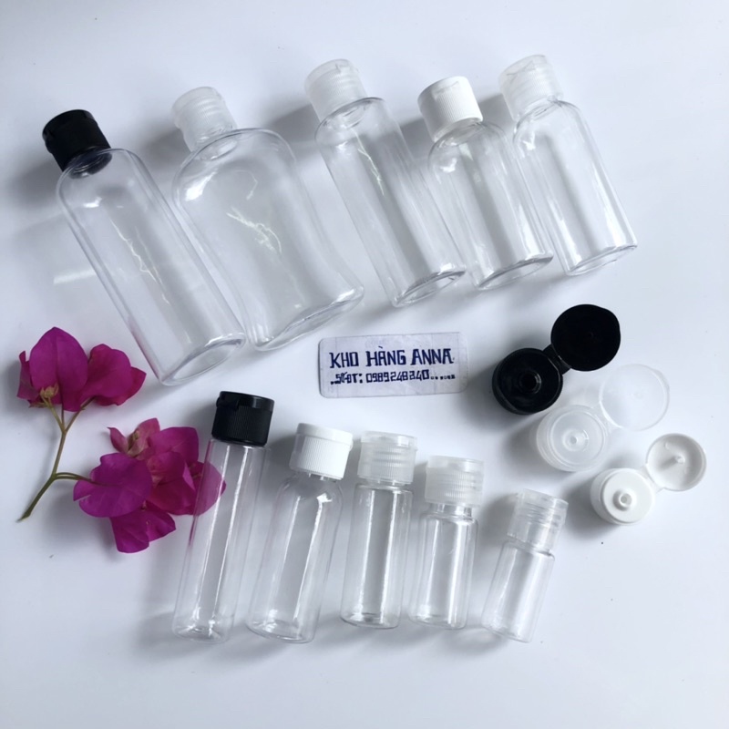 (đủ size) CHAI NHỰA CHIÊT MĨ PHẨM TRONG SUỐT NắP BẬT Đen / Trong / Trắng 100ml , 50ml , 30ml , 20ml