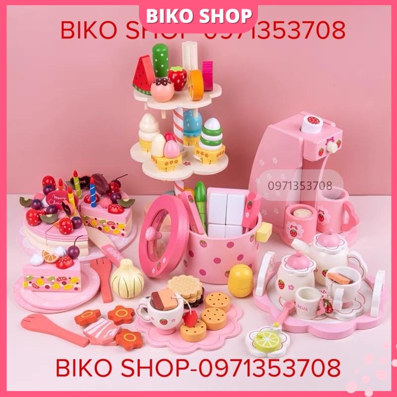 Set bánh sinh nhật, ấm trà, tháp kem, máy cà phê - Đồ chơi gỗ cho bé - Biko Shop