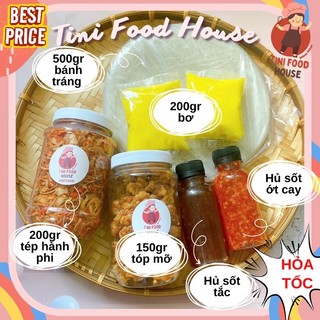 Combo 5 vị(200g tép 150g tóp mỡ 1 sốt tắc 1 sốt ớt 200g bơ nữa kí bánh)