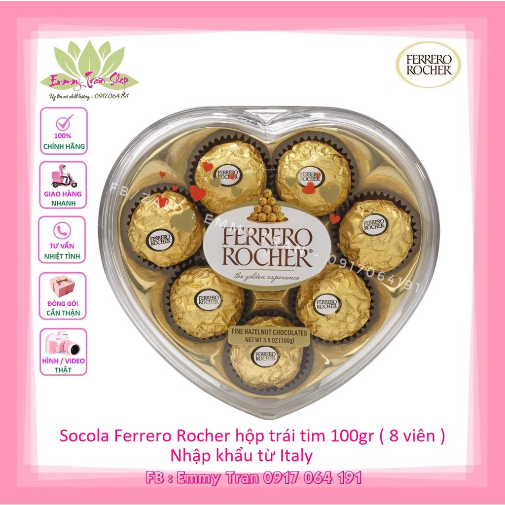 Kẹo Socola Ferrero Rocher Chocolate 100g (8 VIÊN) Hộp Hình Trái Tim  (EMMY TRAN)