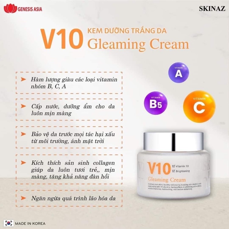 Kem Dưỡng V10 Skinaz Gleaming Cream Hàn Quốc Chính Hãng