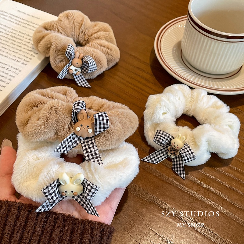 Dây Cột Tóc Cao Su Bọc Vải Lông Đính Nơ Tai Thỏ Hoạt Hình Dễ Thương Cho Bé Gái