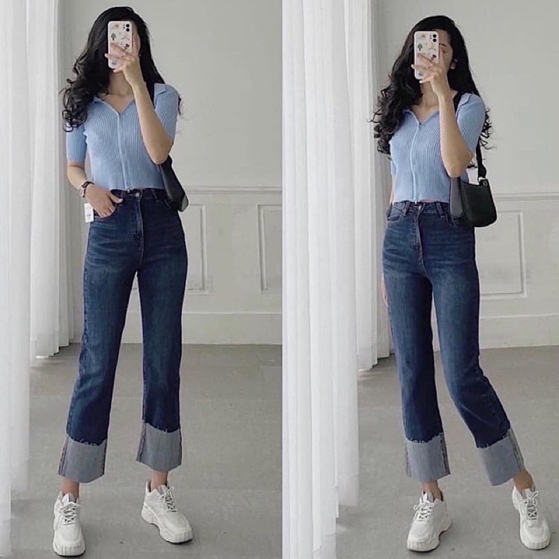 Quần Jean Ống Suôn Ống Đứng Lai Lật Lai Gấp Chất Co Giãn