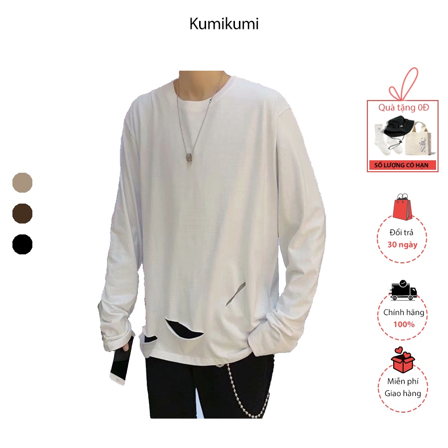 Áo thun DÀI TAY rách Kumikumi  Unisex  Basic Tee phông trơn nam nữ lỡ oversize form rộng sweater ulzzang Hàn Quốc